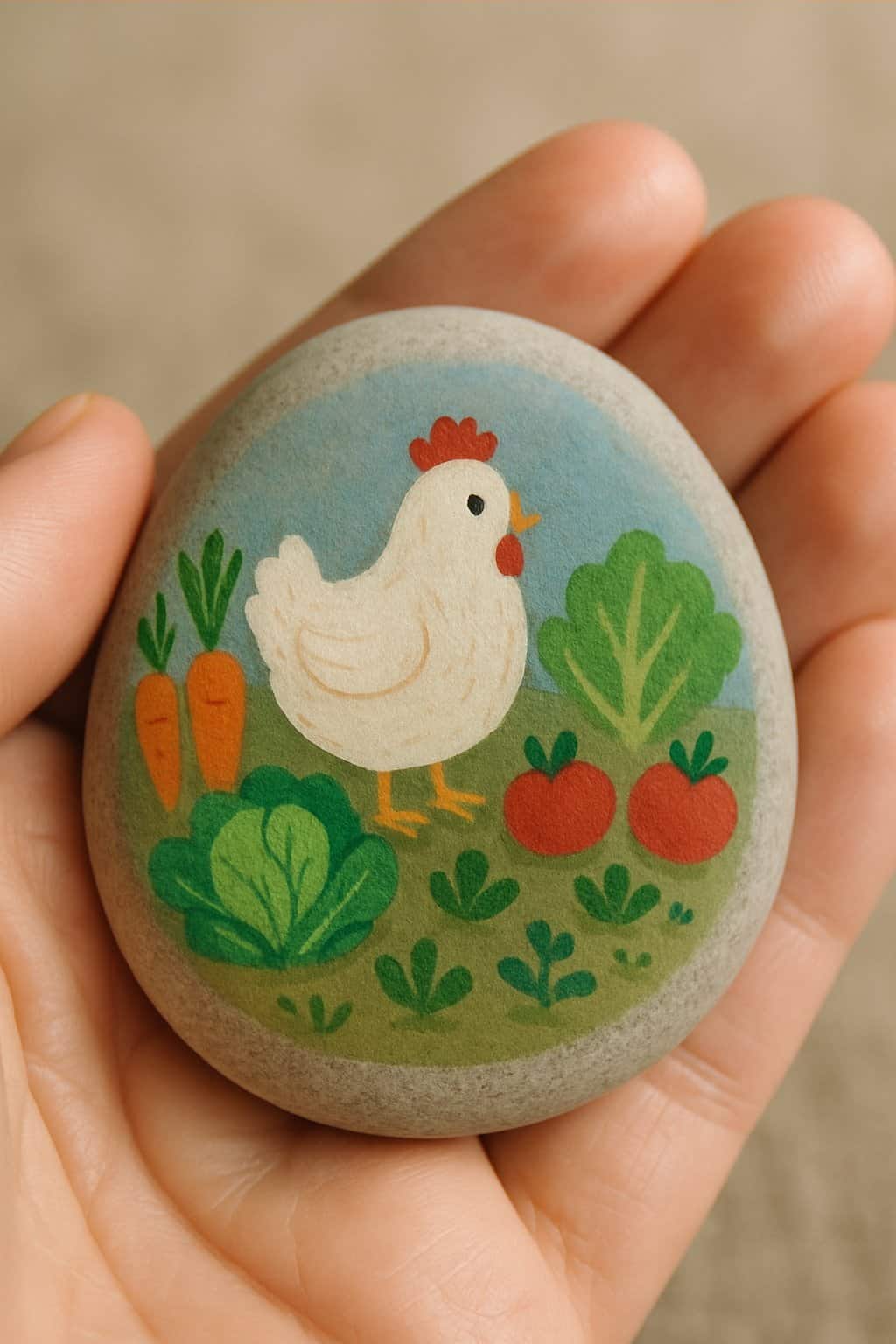 A hand holding a smooth rock painted with a small chicken and garden vegetables.
