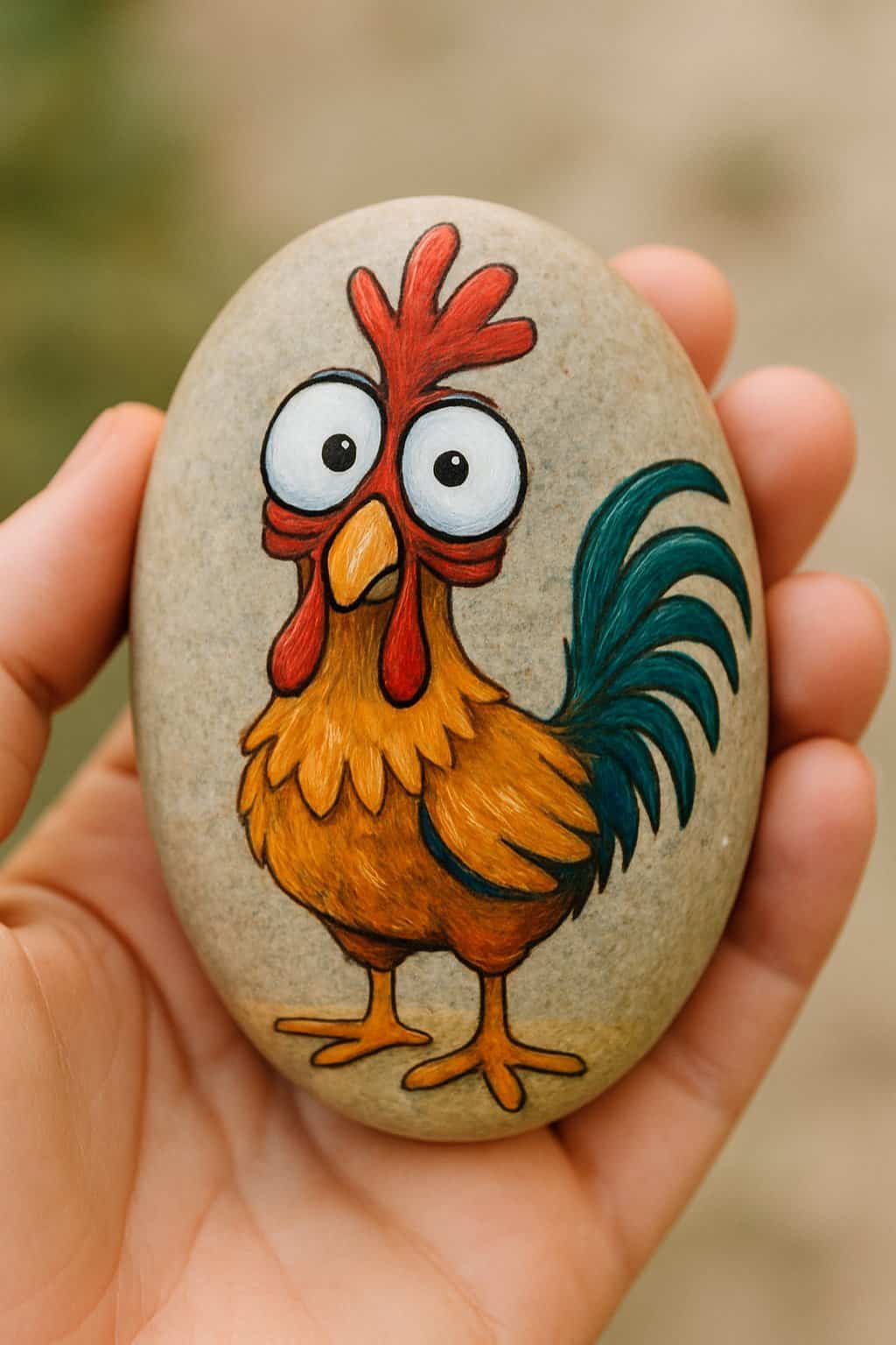 A hand holding a smooth river rock painted with a humorous chicken design.