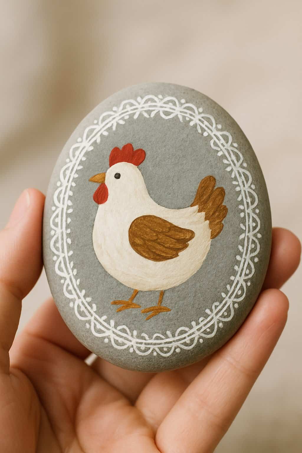 A hand holding a smooth river rock painted with a chicken design and delicate lace patterns around the edges.