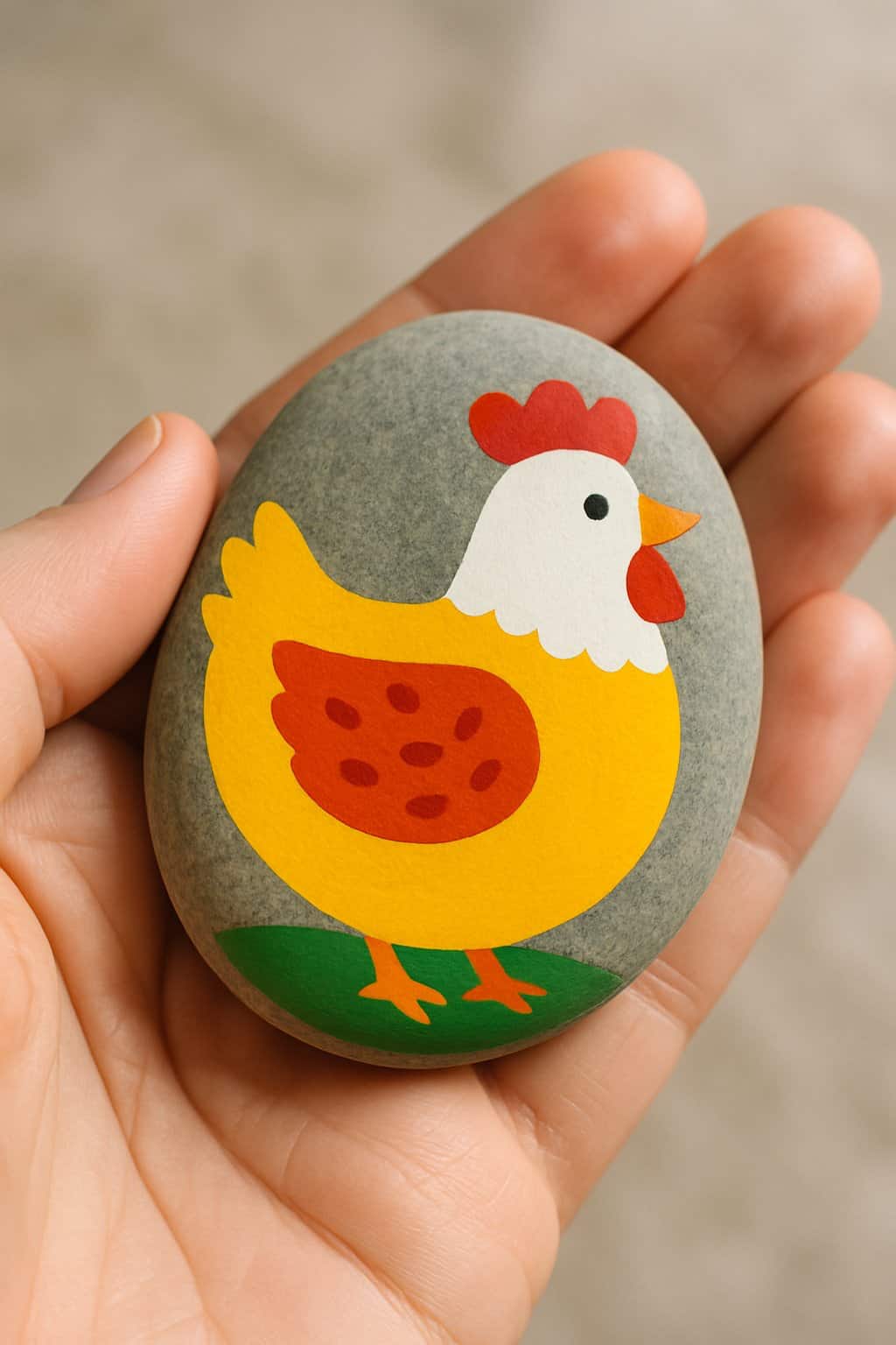 A hand holding a smooth river rock painted with colorful chicken designs.