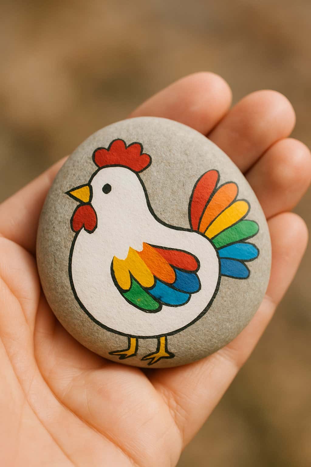 A hand holding a smooth river rock painted with a colorful chicken design.