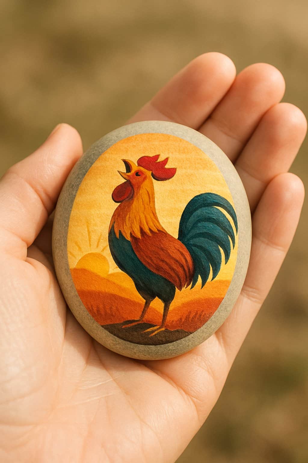 A hand holding a smooth river rock painted with a rooster crowing on a sunrise background.