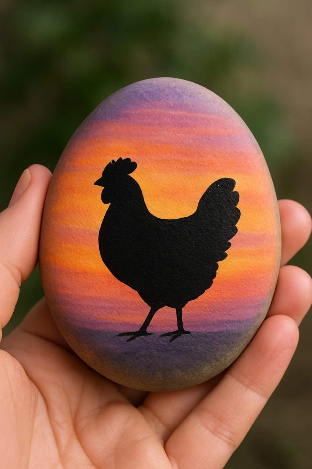 A hand holding a smooth river rock painted with a silhouette of a chicken against a sunset background.