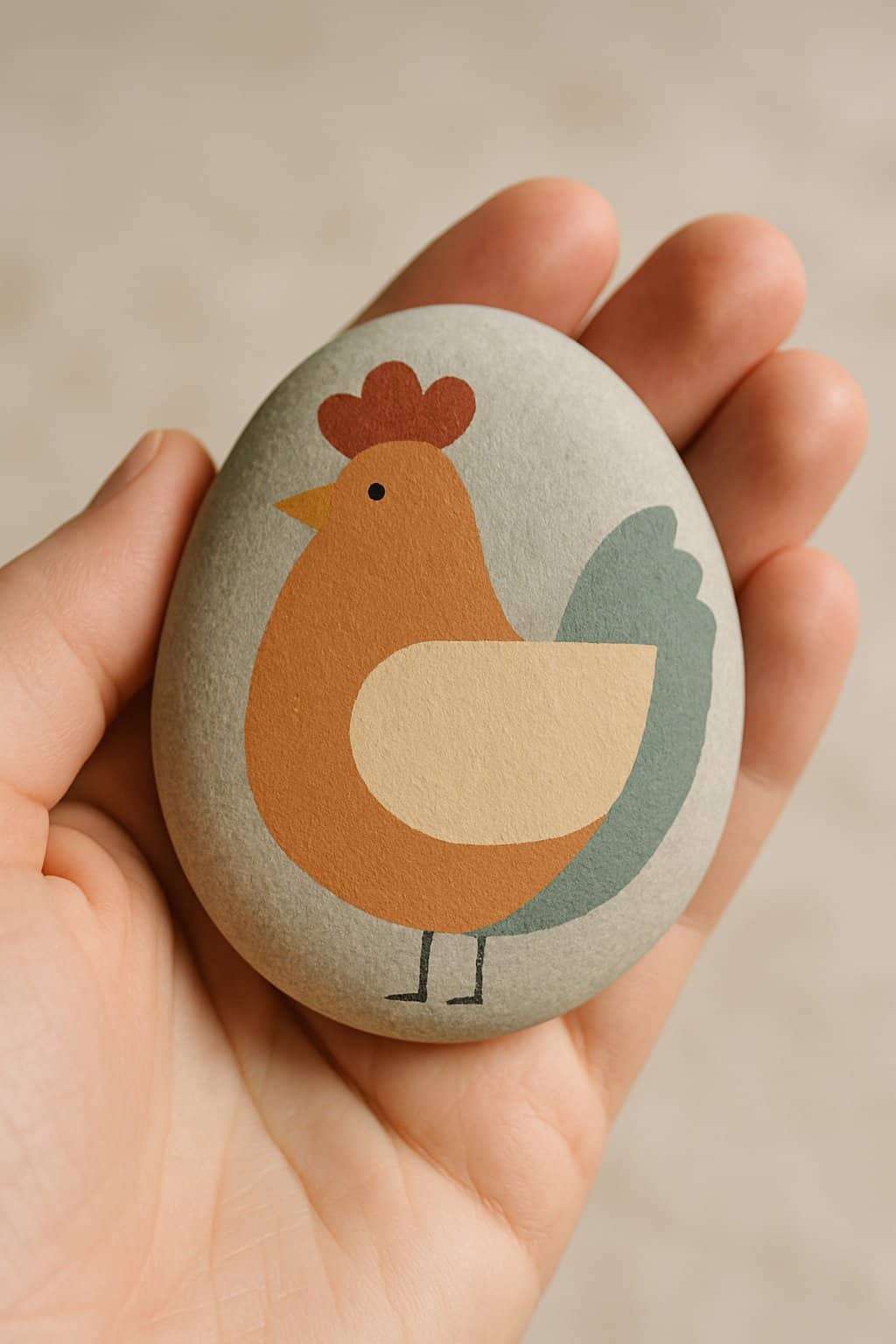 A hand holding a smooth river rock painted with an abstract chicken design made of geometric shapes.