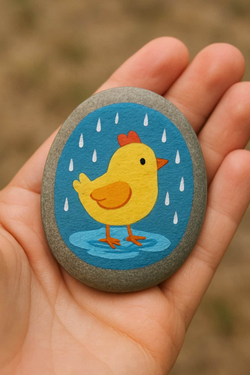 A hand holding a smooth river rock painted with a chicken standing in a puddle with raindrops.
