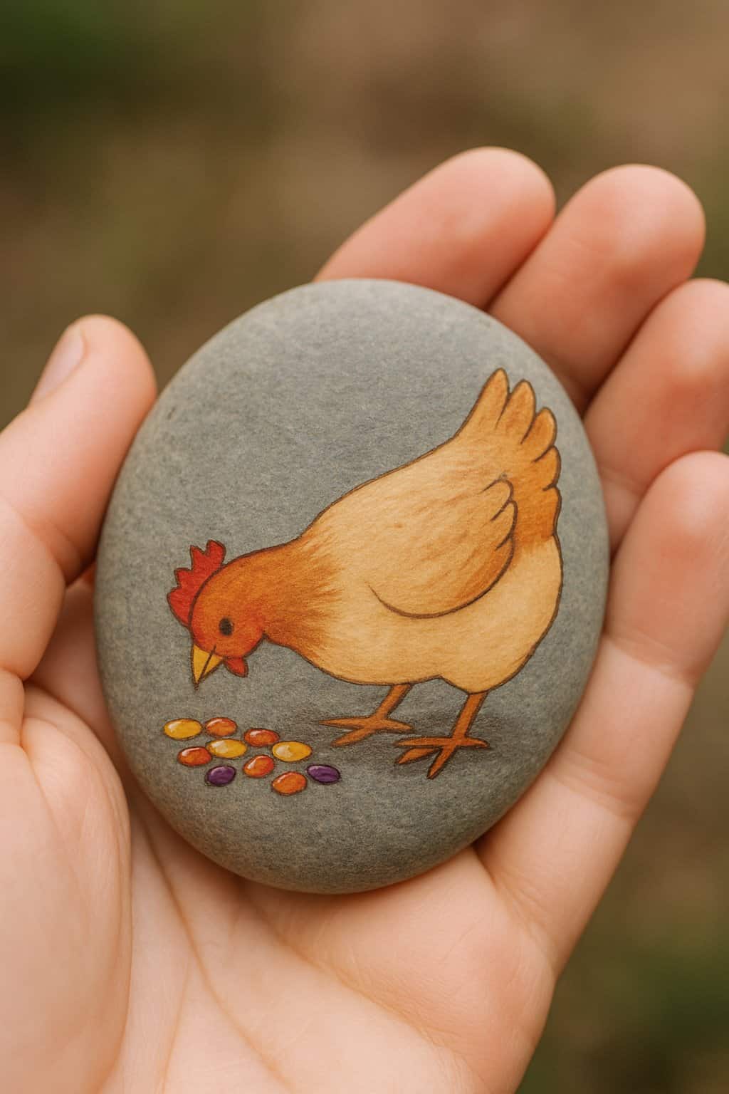 A hand holding a smooth river rock painted with a chicken pecking at colorful corn.
