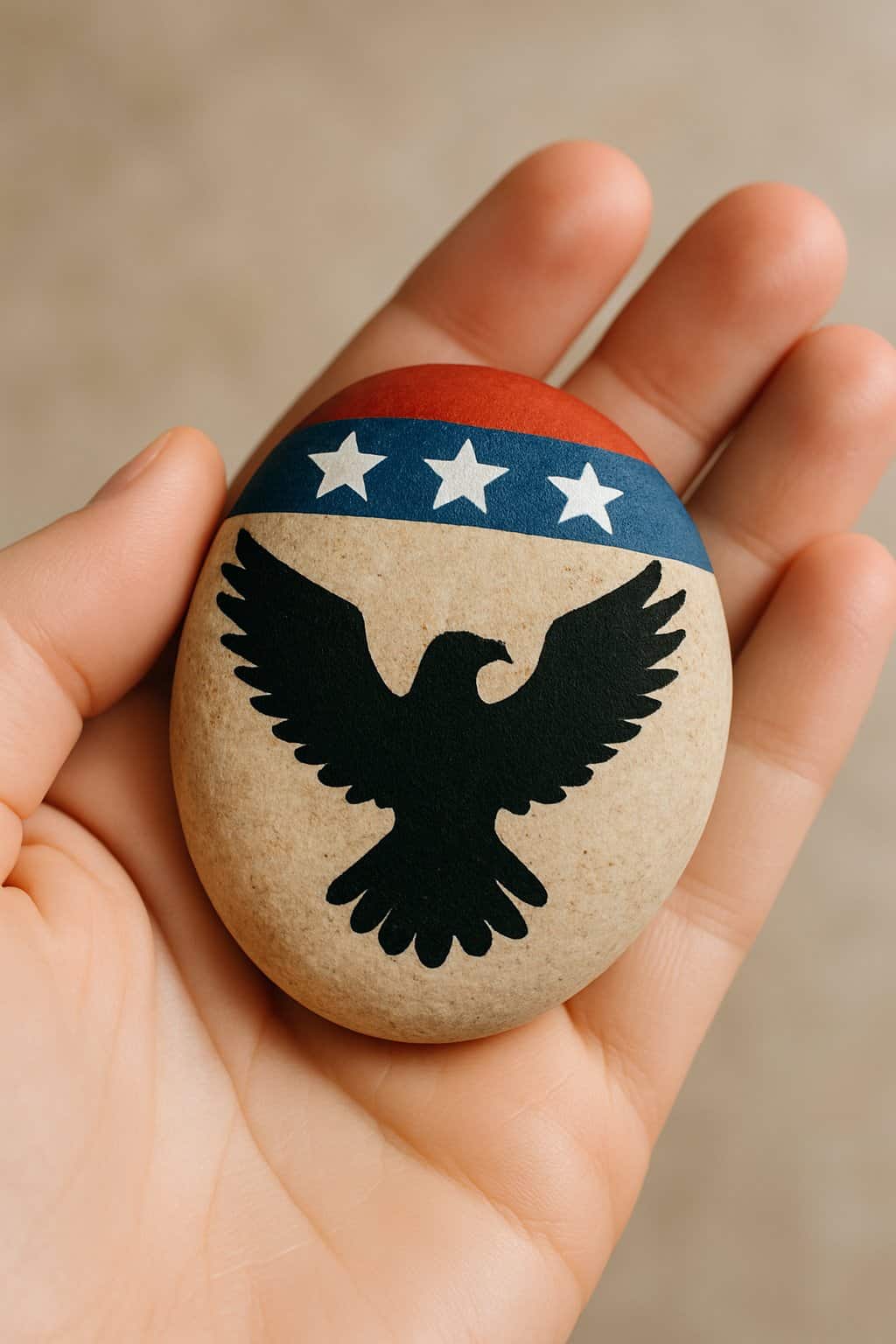 A hand holds a smooth stone painted with an American flag motif—red, white, and blue with white stars—and a black silhouette of an eagle below the colors.