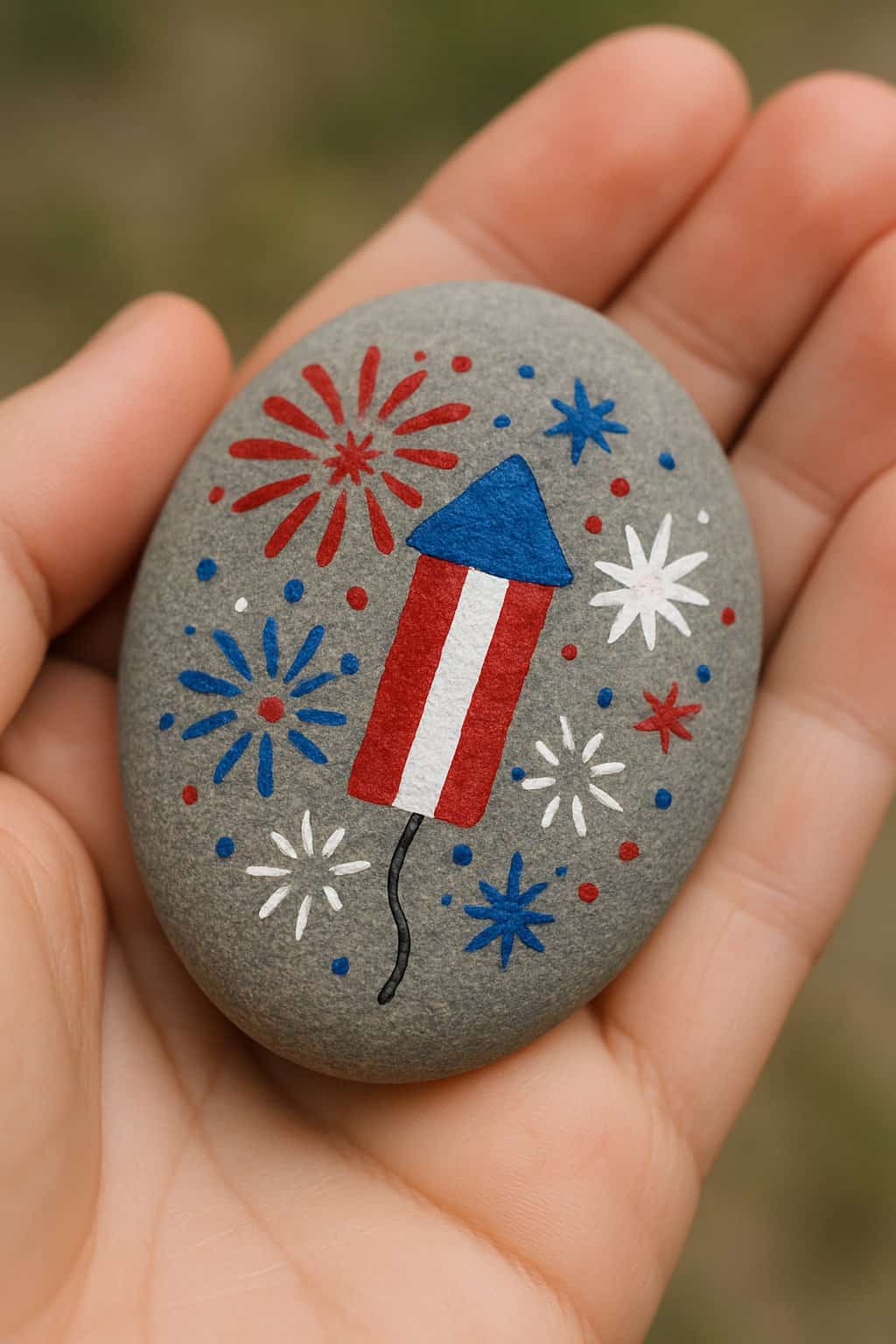 A hand holds a smooth stone painted with a red, white, and blue firework rocket surrounded by blue, red, and white starbursts and dots, resembling festive Fourth of July decorations.