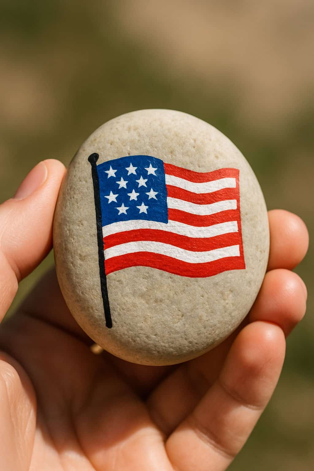 A hand holding a smooth stone painted with a small American flag, featuring red and white stripes and white stars on a blue field.