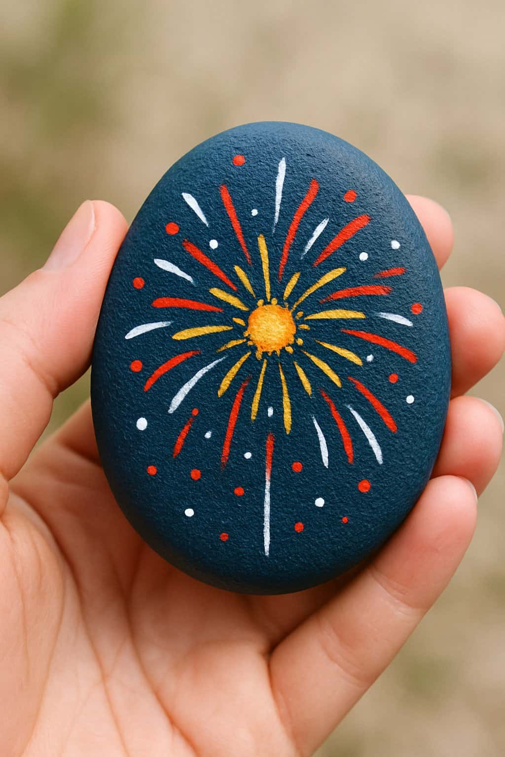 A hand holds a smooth, dark-colored stone decorated with a painted fireworks design in yellow, red, and white. The background is blurred and neutral in color.