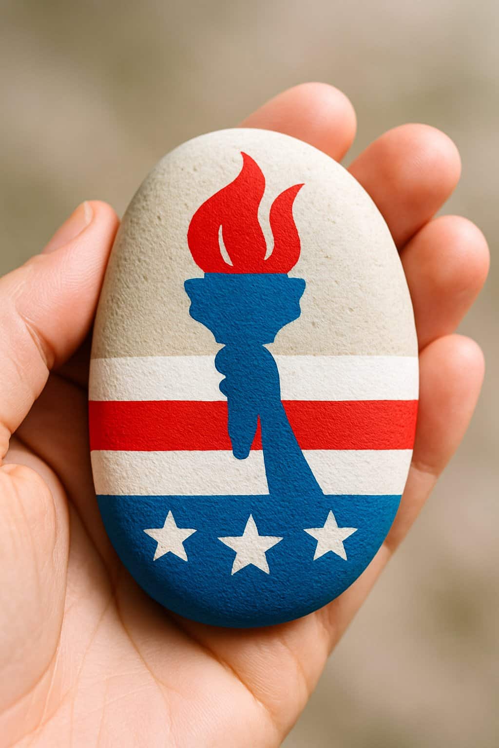 A hand holds an oval stone painted with a red torch, blue hand, white stars, and red, white, and blue stripes, resembling American patriotic symbols.