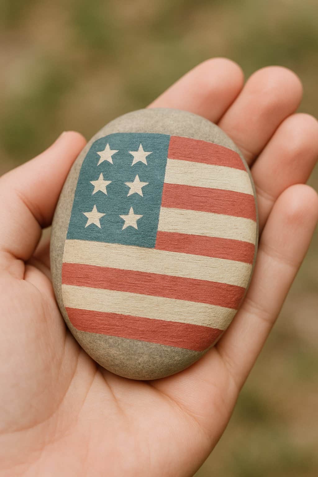 A hand holds a smooth stone painted with an American flag featuring six white stars and red and white stripes. The background is blurred grass.