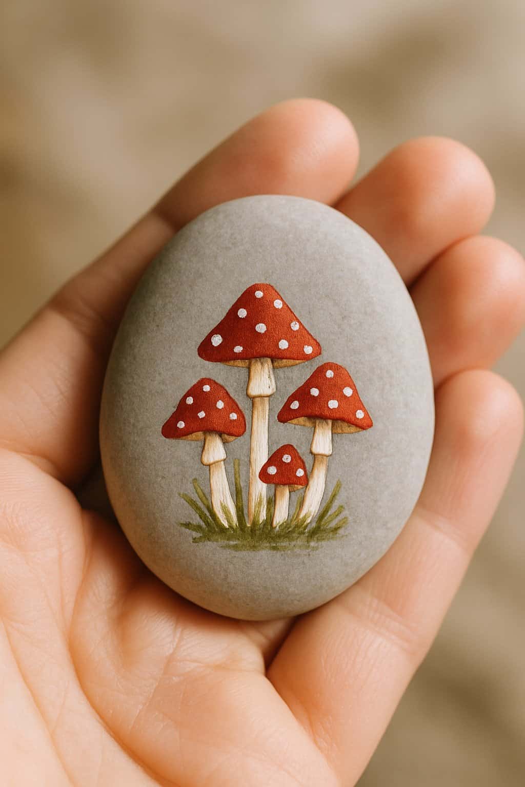 A hand holding a smooth river rock painted with a small cluster of red and white mushrooms.