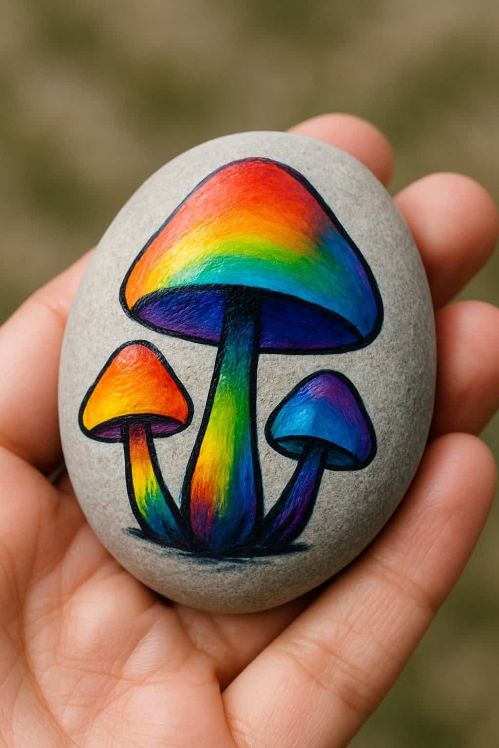 A hand holding a smooth river rock painted with colorful mushroom caps.