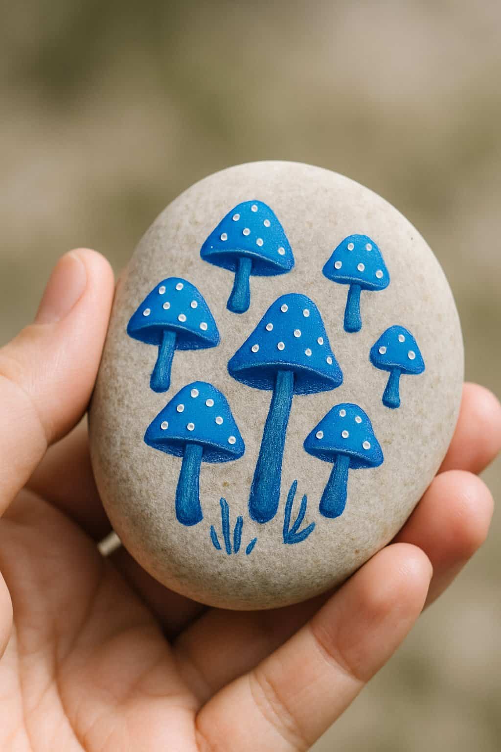 A hand holding a smooth river rock painted with blue mushrooms with white dots.