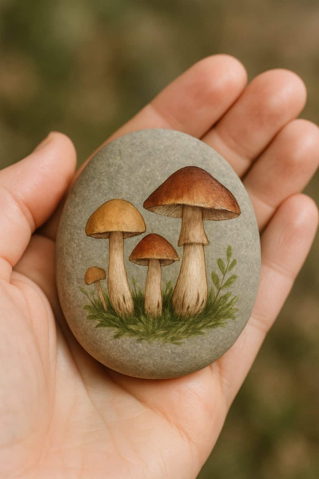 A hand holding a smooth river rock painted with a woodland scene featuring mushrooms.