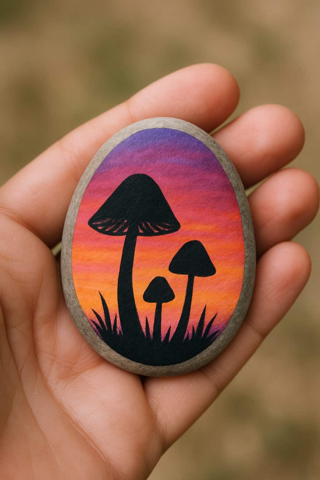 A hand holding a smooth river rock painted with small mushrooms against a sunset gradient background.