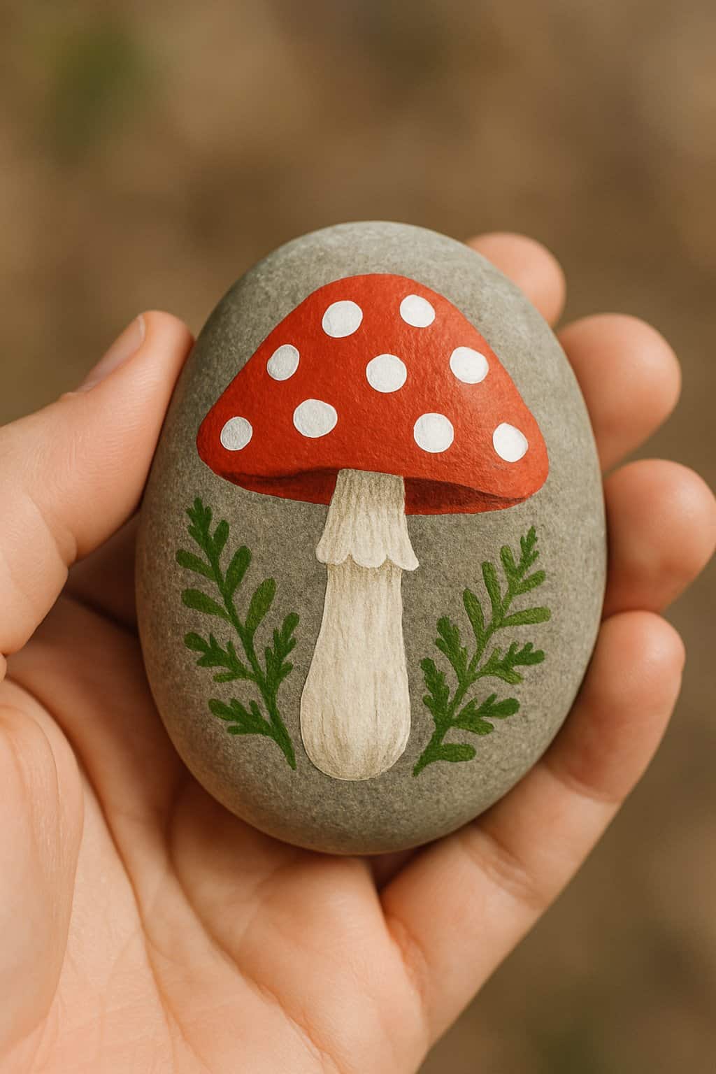 A hand holding a smooth river rock painted with a red mushroom and green fern design.