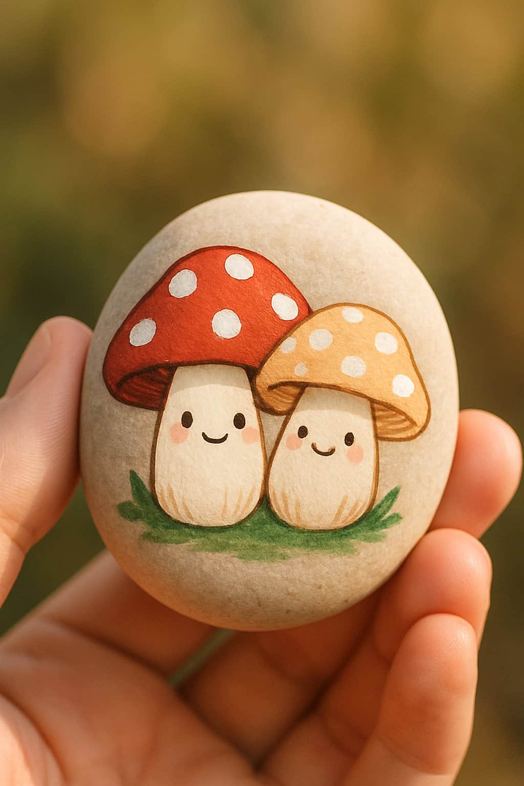 A hand holding a smooth river rock painted with a simple design of two cute mushrooms.