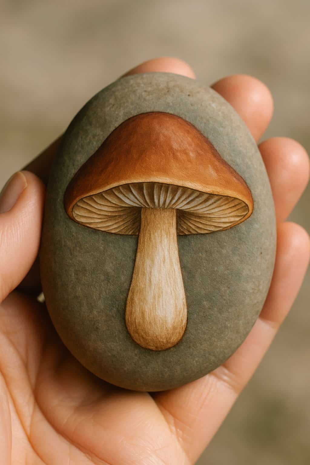 A hand holding a smooth river rock painted with a mushroom design.