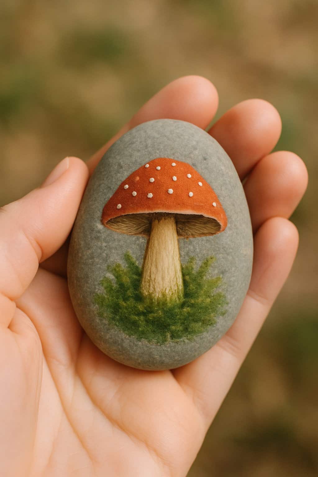 A hand holding a smooth river rock painted with a small mushroom design and mossy details.