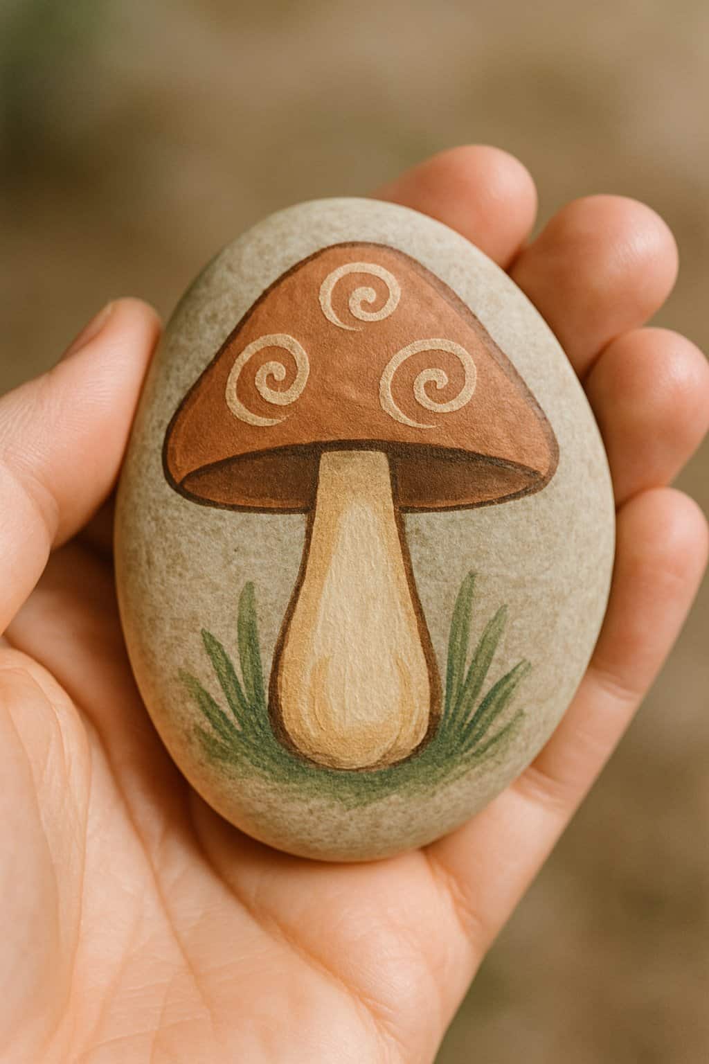 A hand holding a smooth river rock painted with a mushroom design featuring spiral swirls.