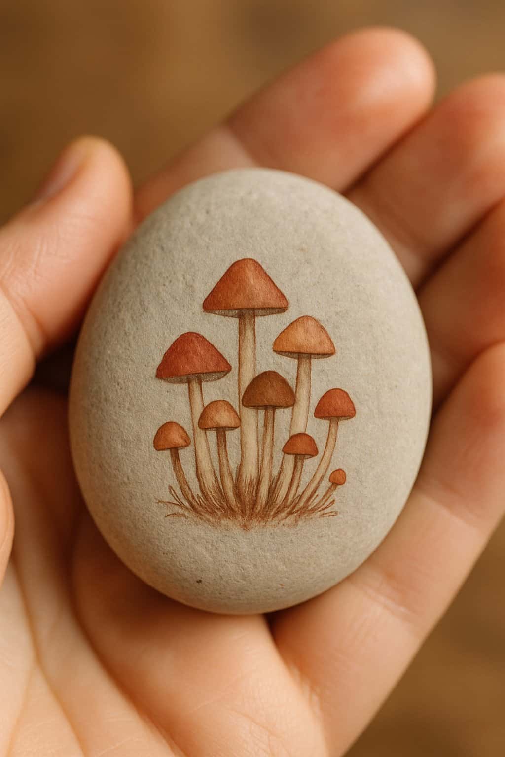 A hand holding a smooth river rock painted with a cluster of tiny mushrooms.