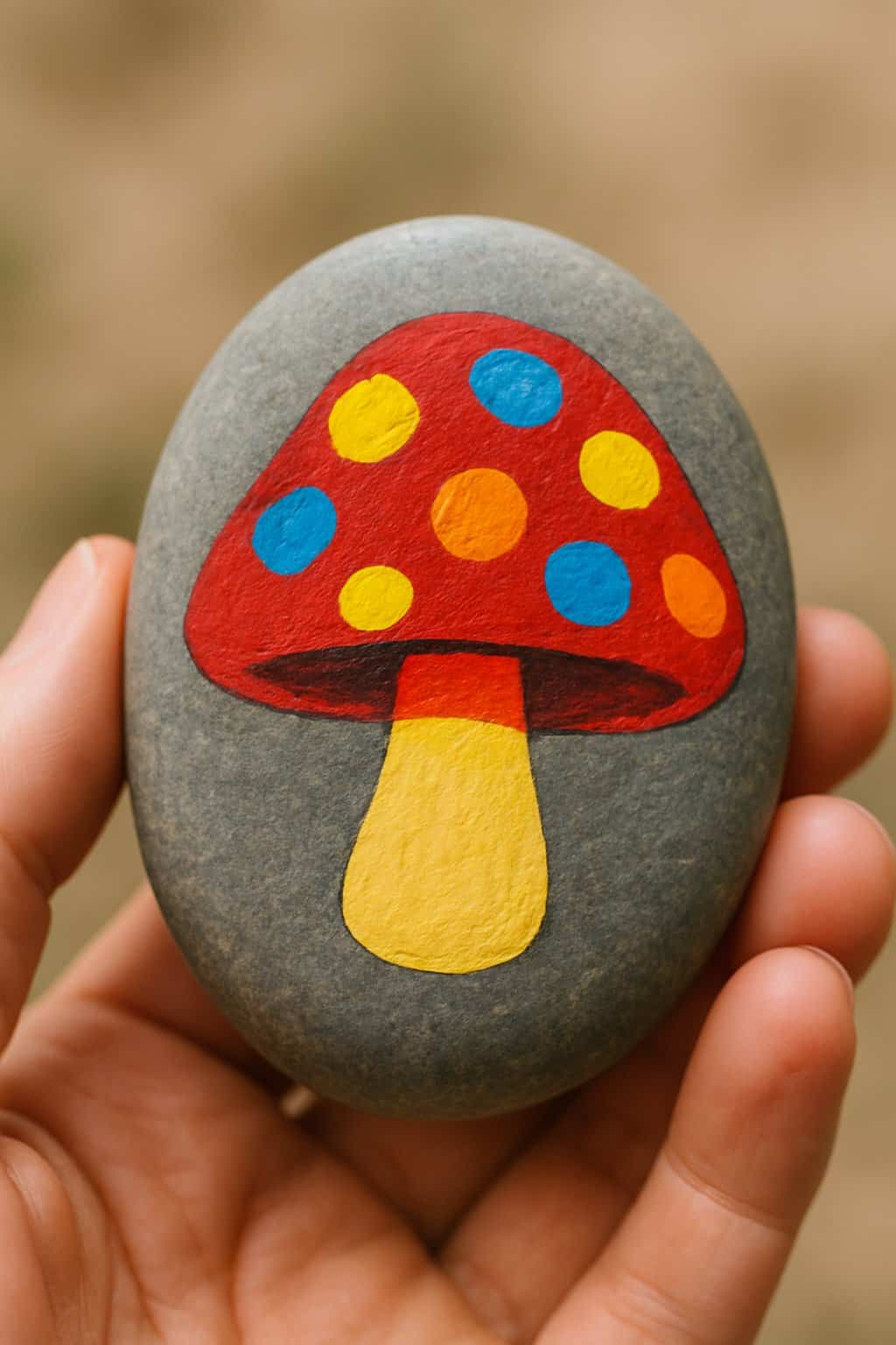 A hand holding a smooth river rock painted with a colorful spotted mushroom design.