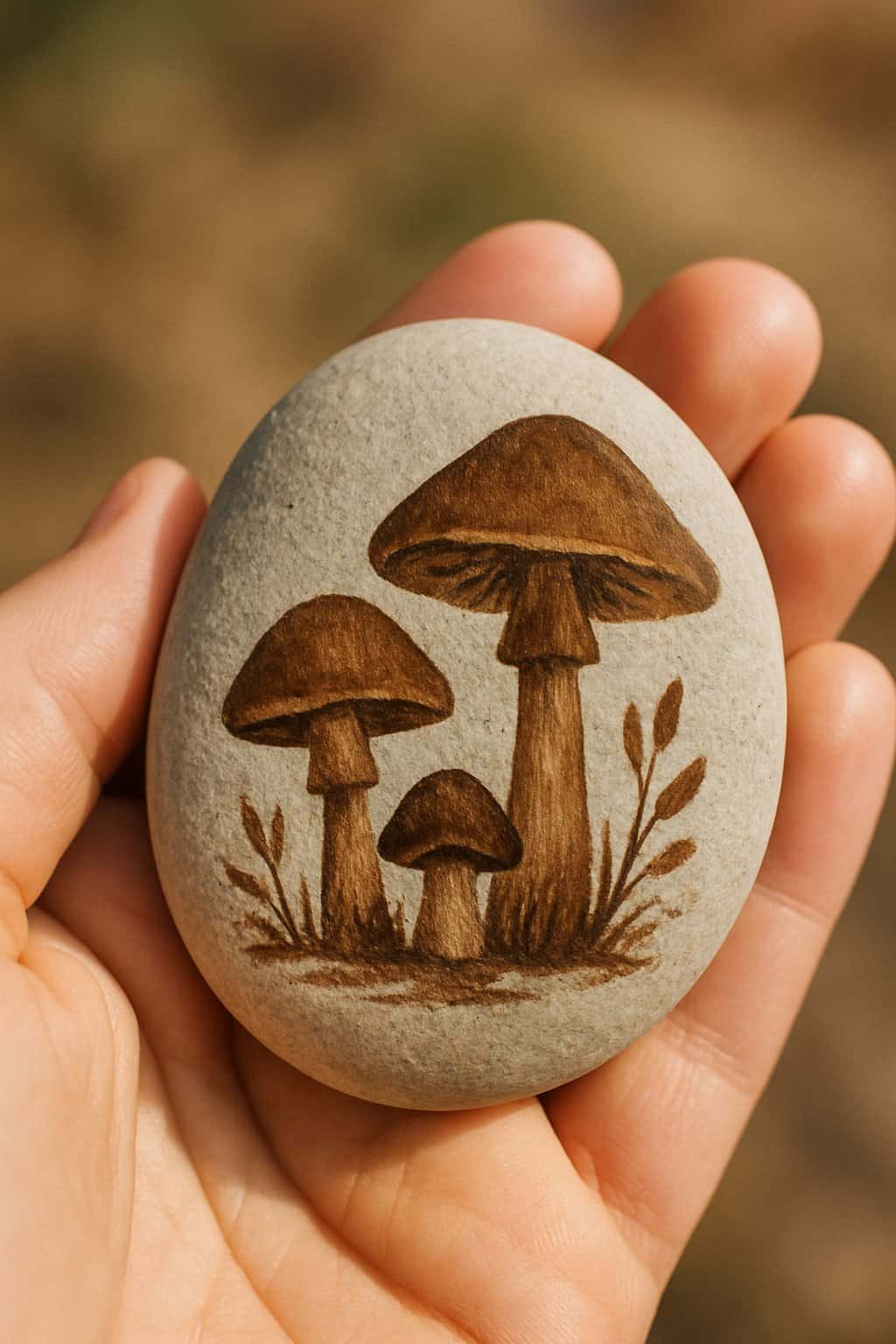 A hand holding a smooth river rock painted with brown woodland mushrooms.