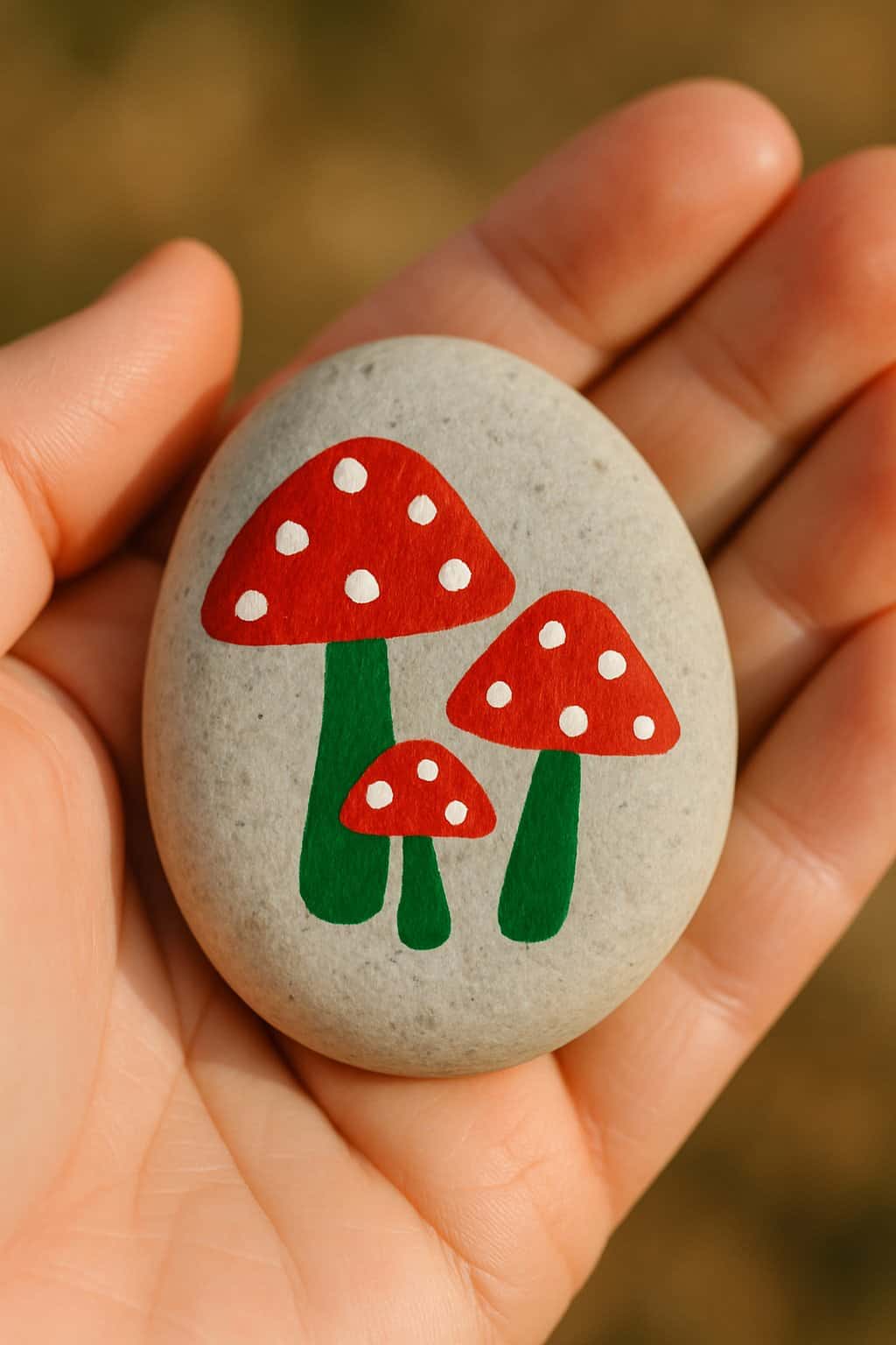 A hand holding a smooth river rock painted with red and green mushrooms.