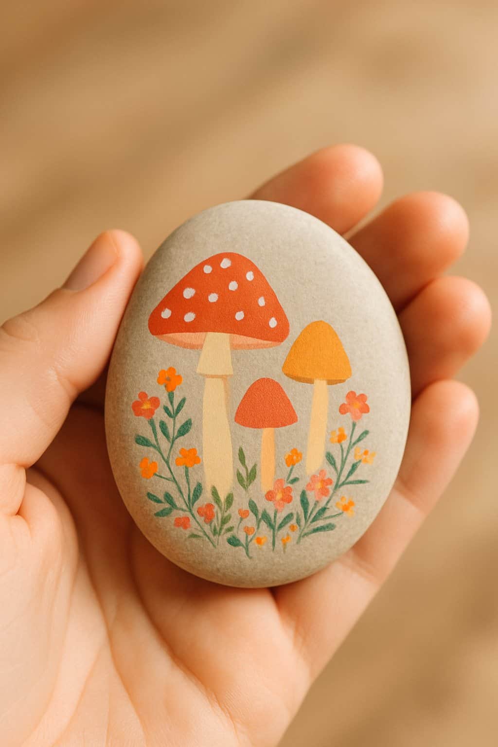 A hand holding a smooth river rock painted with colorful mushrooms and small flowers.