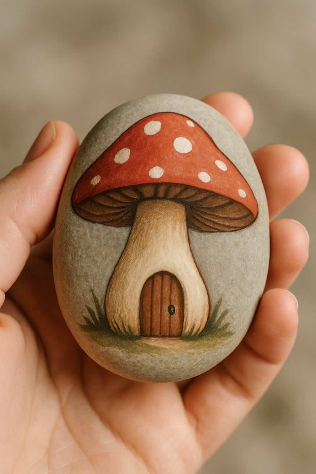 A hand holding a smooth river rock painted with a giant mushroom and a small door.