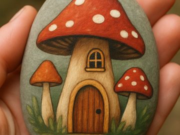 A hand holds a smooth stone painted with a whimsical red and white mushroom house, complete with a rounded door, small window, and grassy details, flanked by two smaller mushrooms.