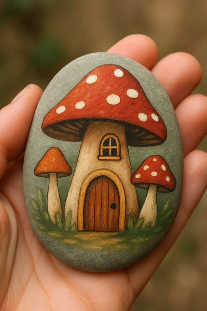 A hand holds a smooth stone painted with a whimsical red and white mushroom house, complete with a rounded door, small window, and grassy details, flanked by two smaller mushrooms.