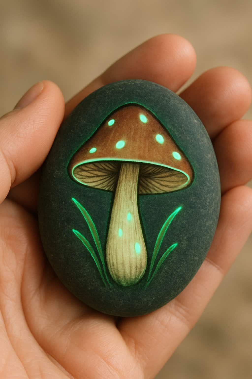 A hand holding a smooth river rock painted with a simple mushroom design.