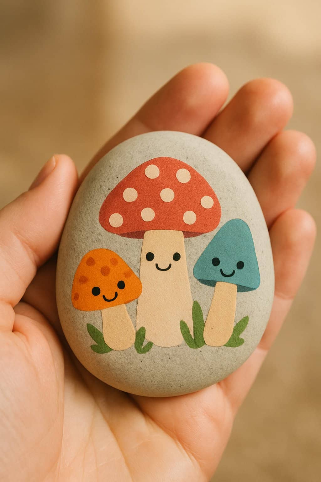 A hand holding a smooth river rock painted with smiling mushrooms.