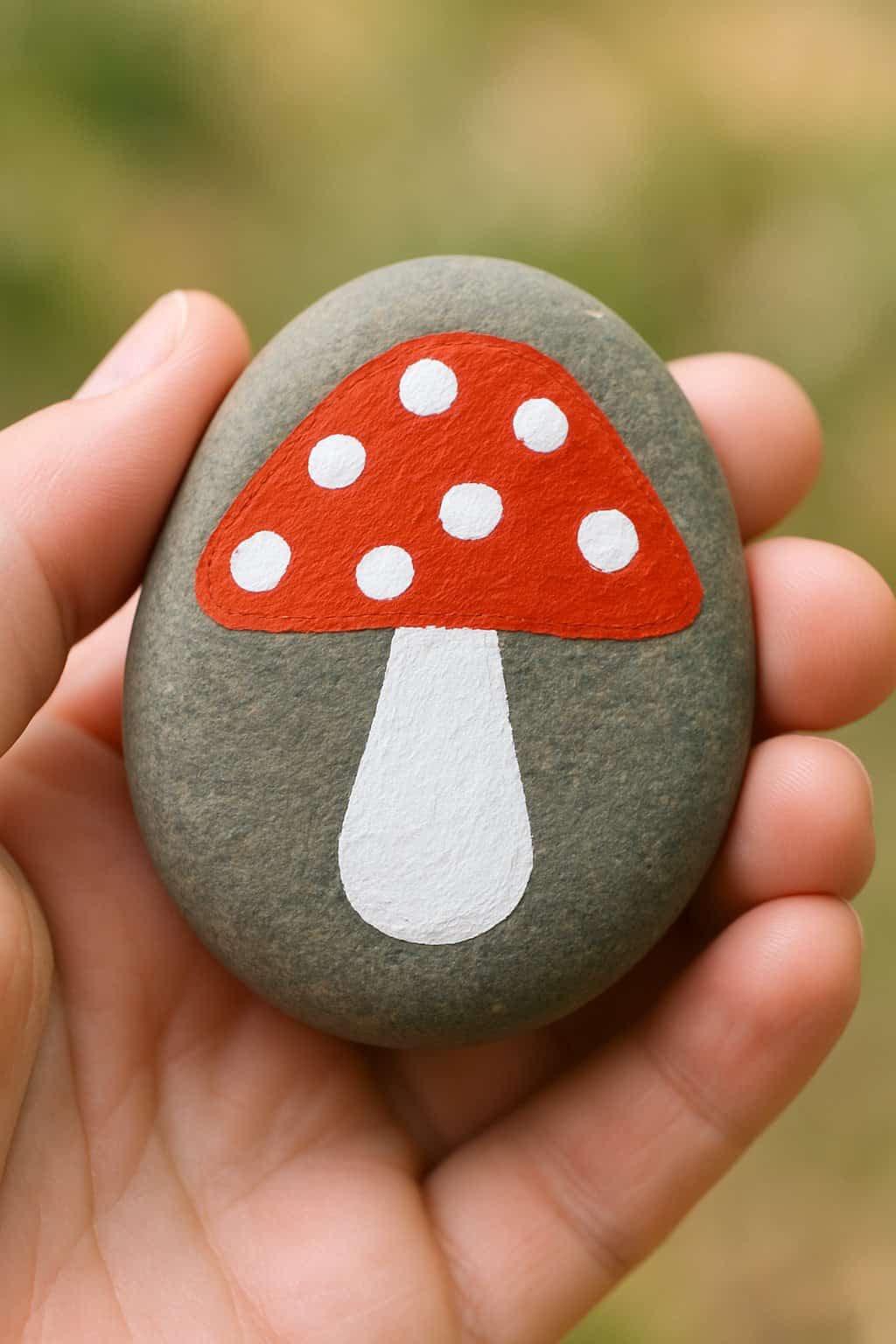 A hand holding a smooth river rock painted with a red and white toadstool mushroom design.