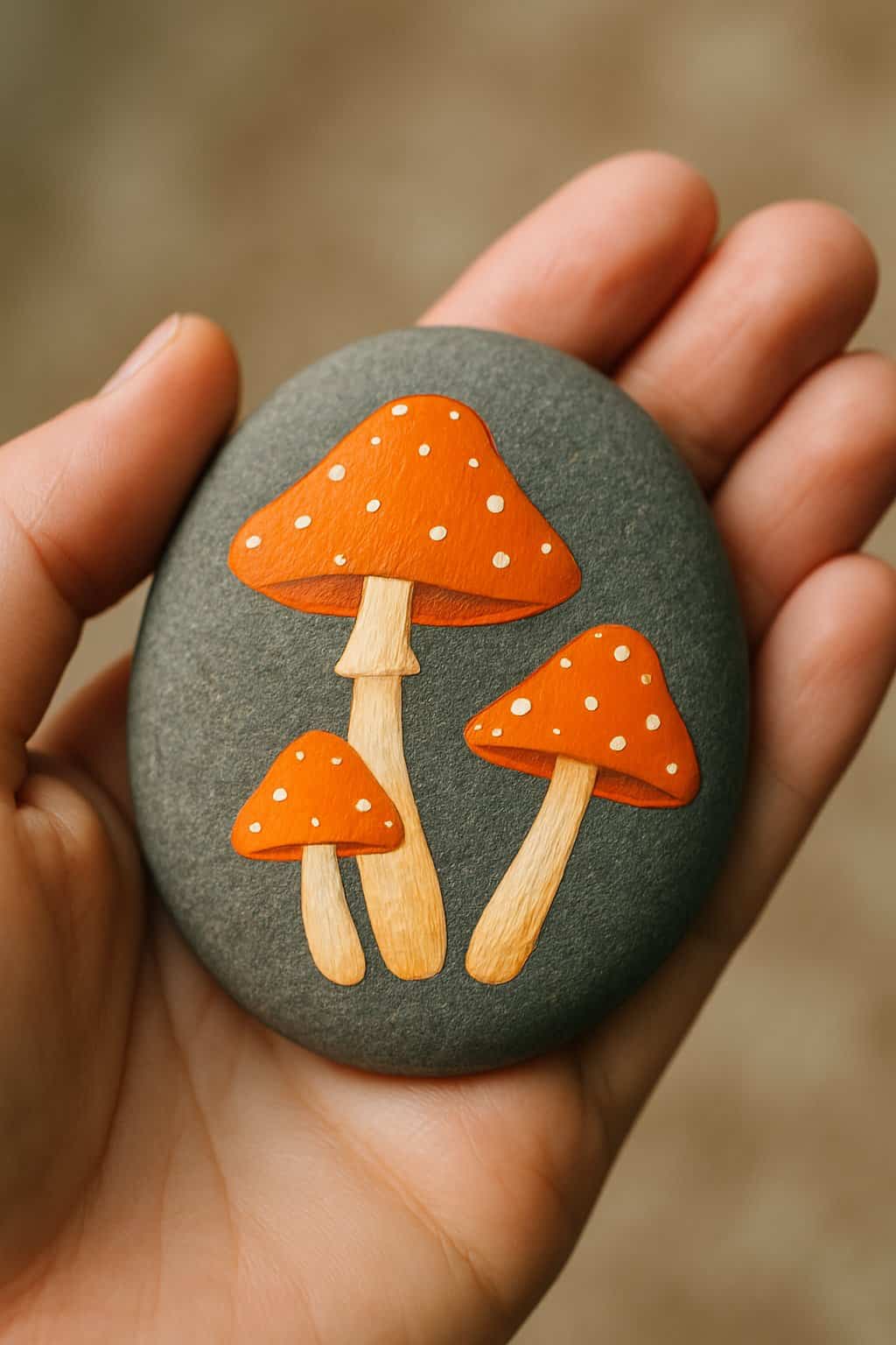 A hand holding a smooth river rock painted with bright orange mushrooms.