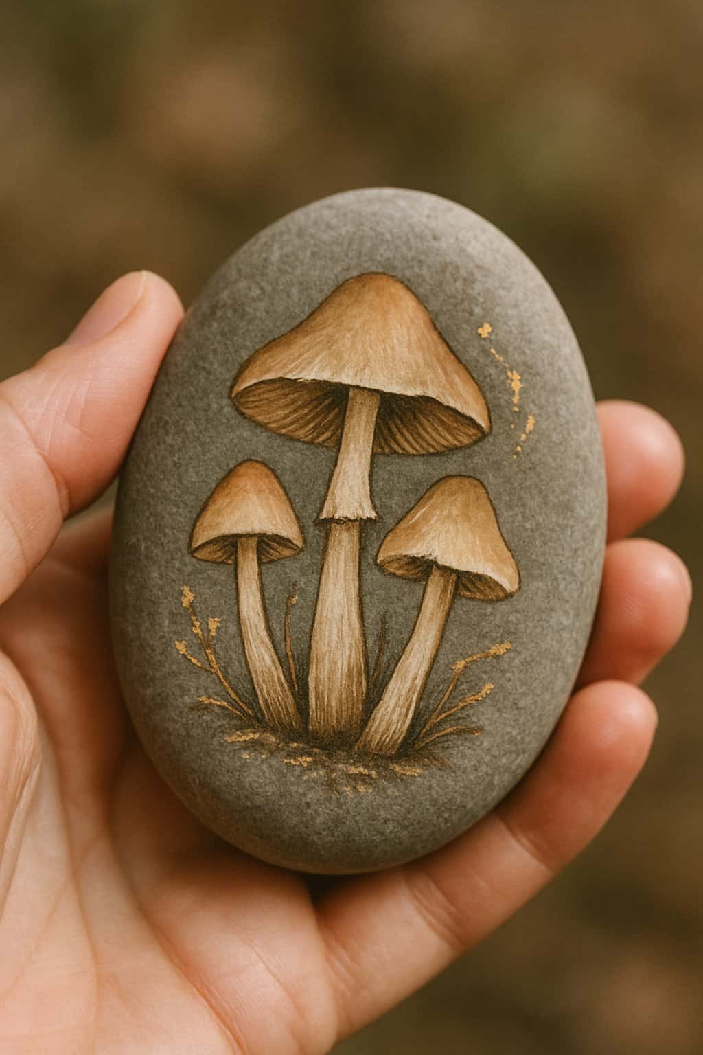 A hand holding a smooth river rock painted with mushrooms and gold accents.