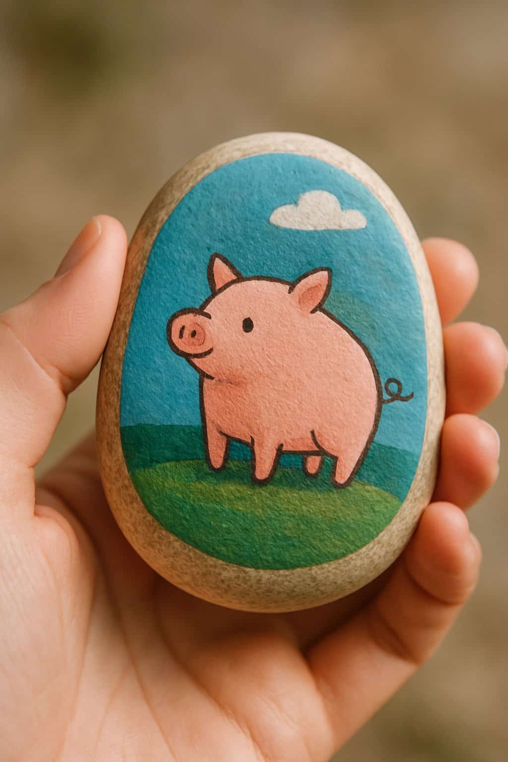 A hand holding a smooth river rock painted with a simple pig design.