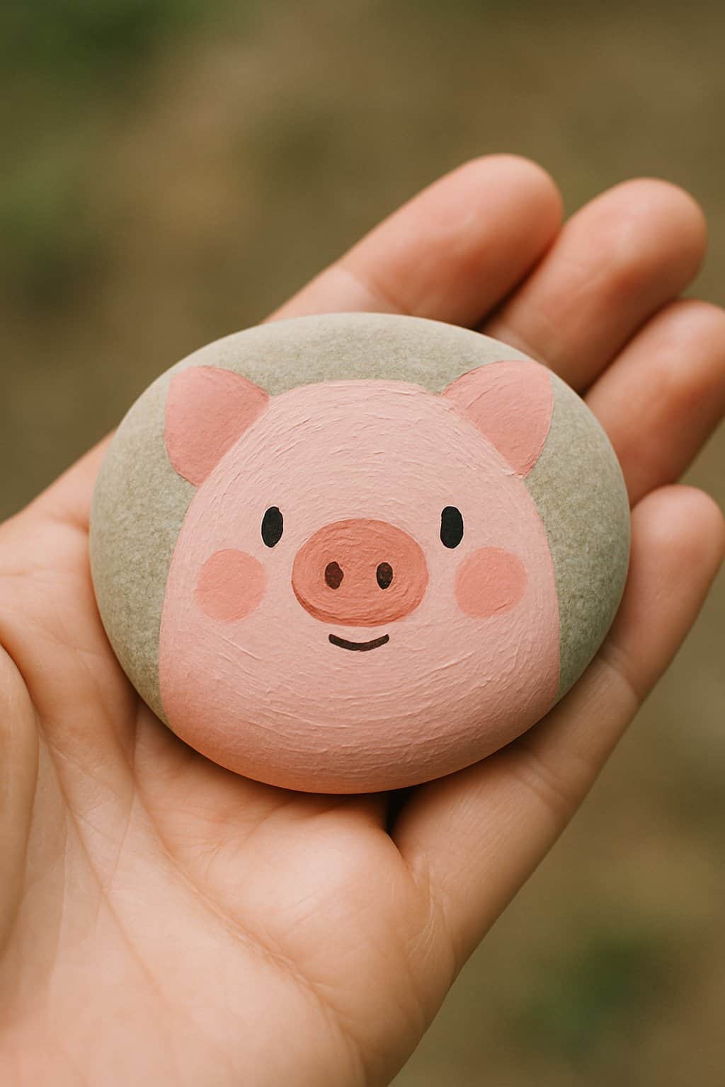 A hand holding a smooth river rock painted with a simple pig design.