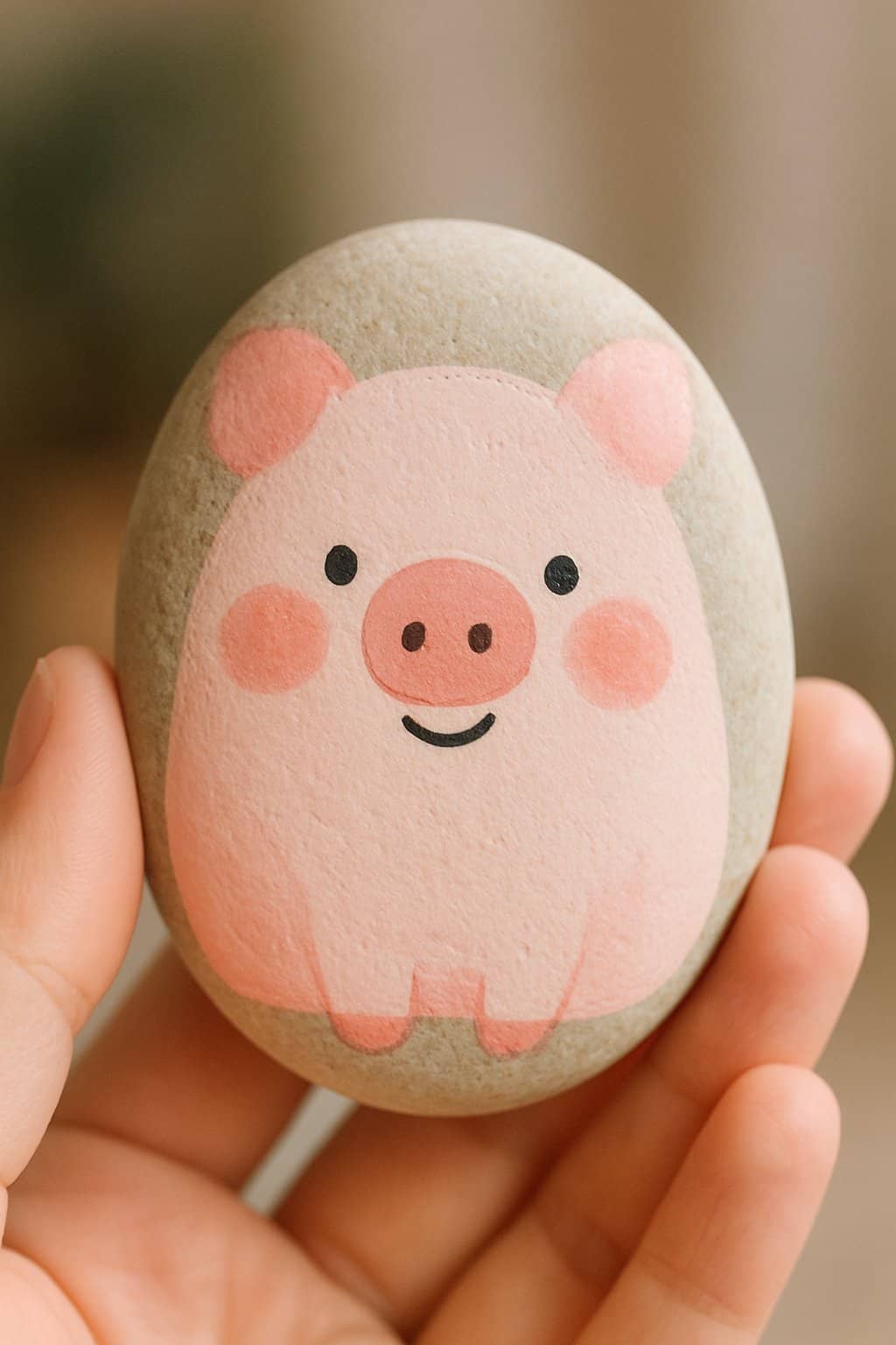 A hand holding a smooth river rock painted with a cute pig design with rosy cheeks.