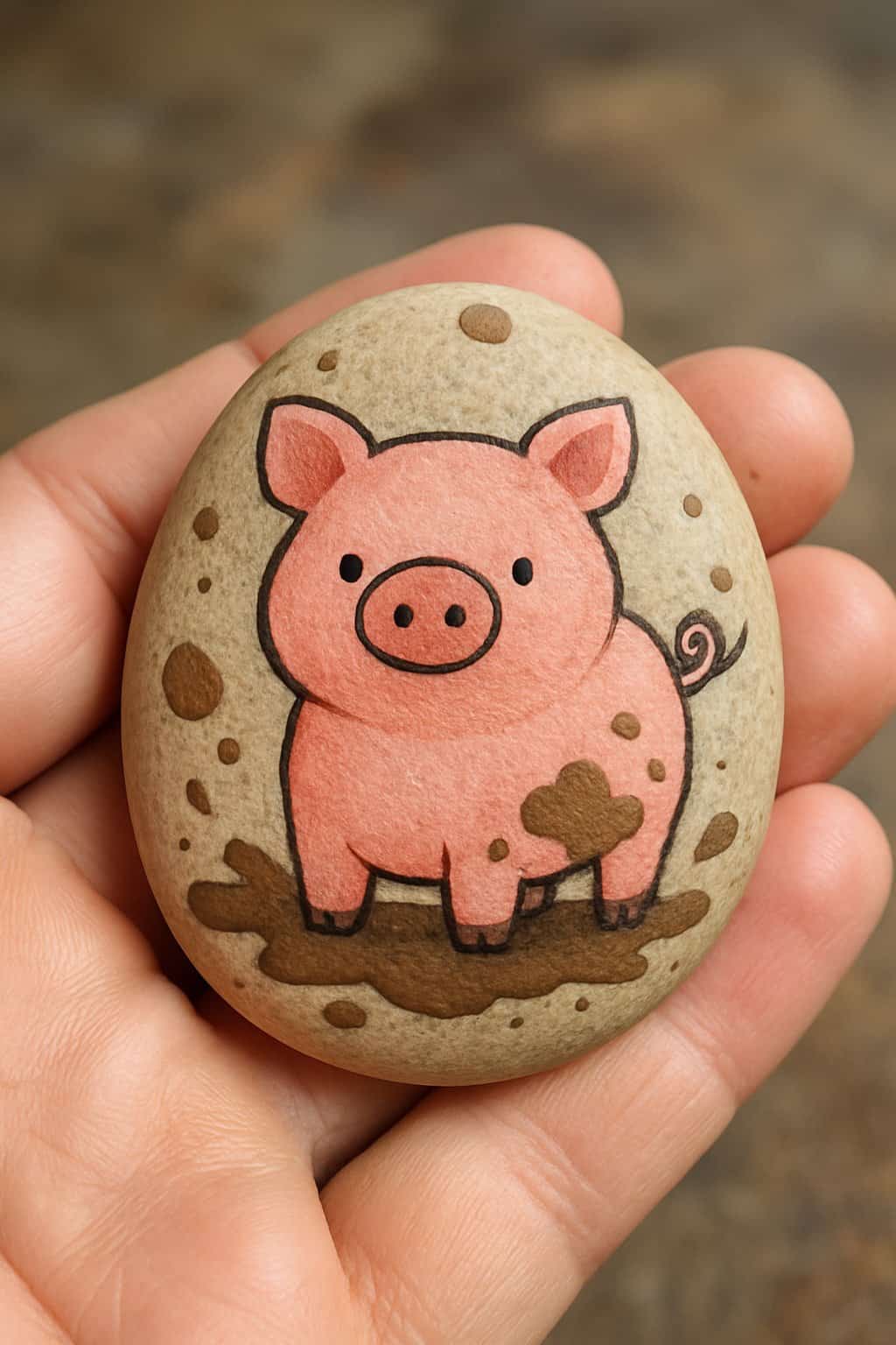 A hand holding a smooth river rock painted with a simple pig design, with mud splatters visible on the rock.