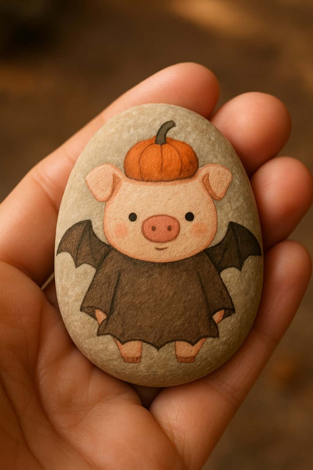 Hand holding a smooth river rock painted with a simple Halloween pig costume design.