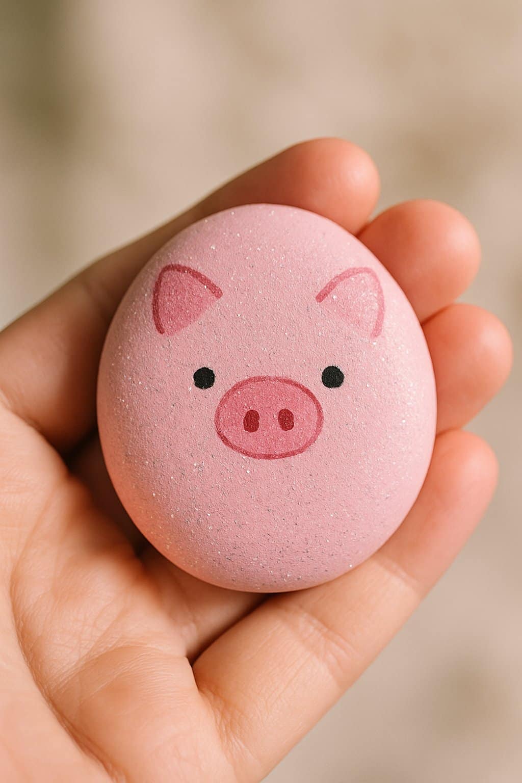 A hand holding a smooth river rock painted as a simple pink pig with glitter accents.