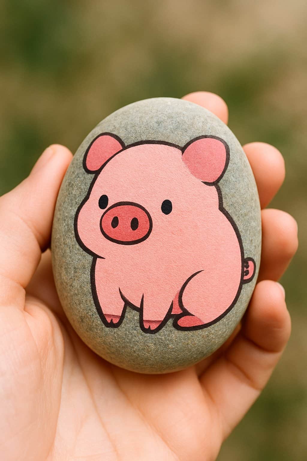 A hand holding a smooth river rock painted with a simple cartoon pig design.