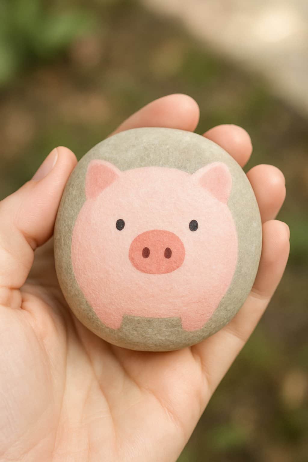 A hand holding a smooth river rock painted to look like a simple piggy bank.