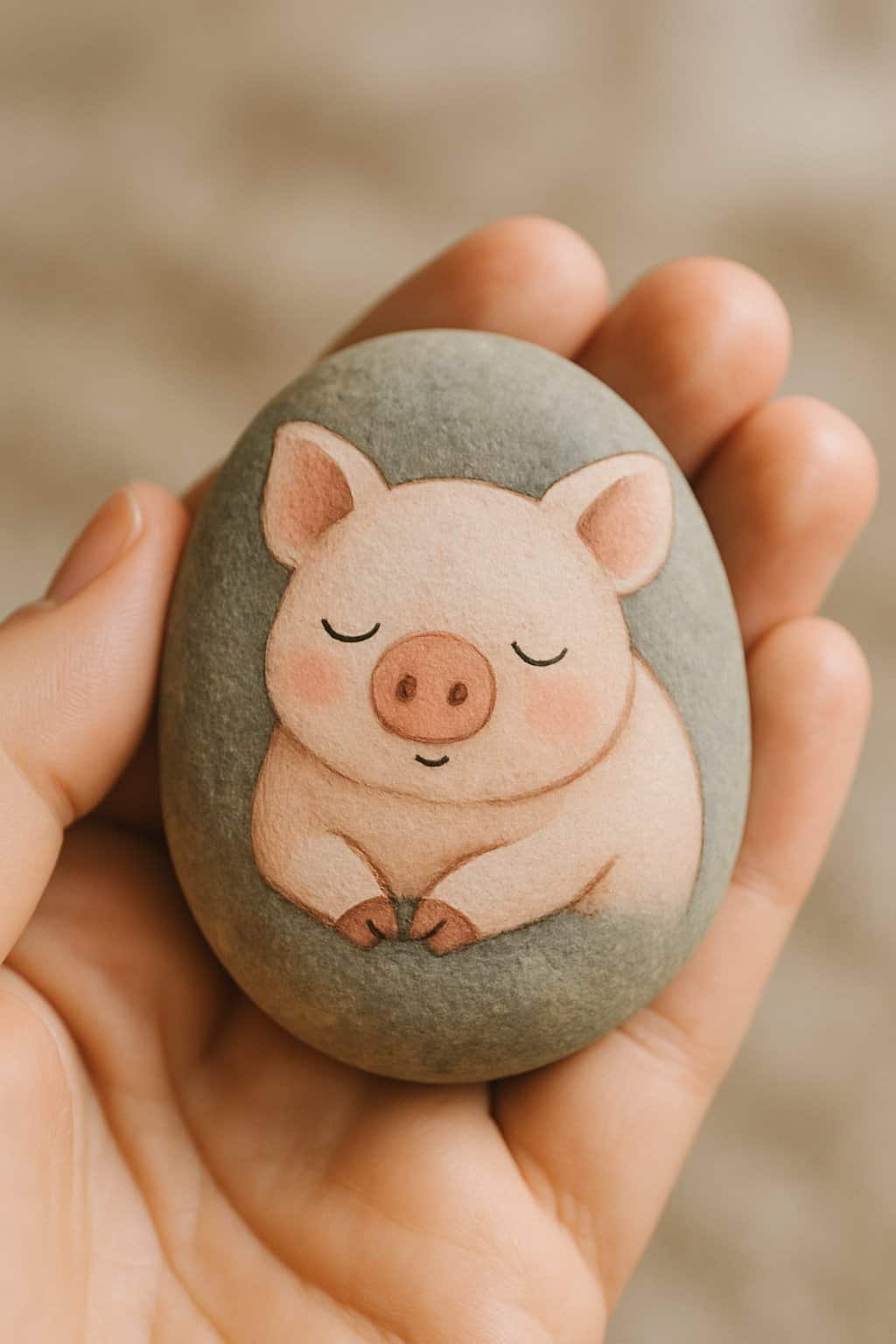 A hand holding a smooth river rock painted with a simple pig design with closed eyes.