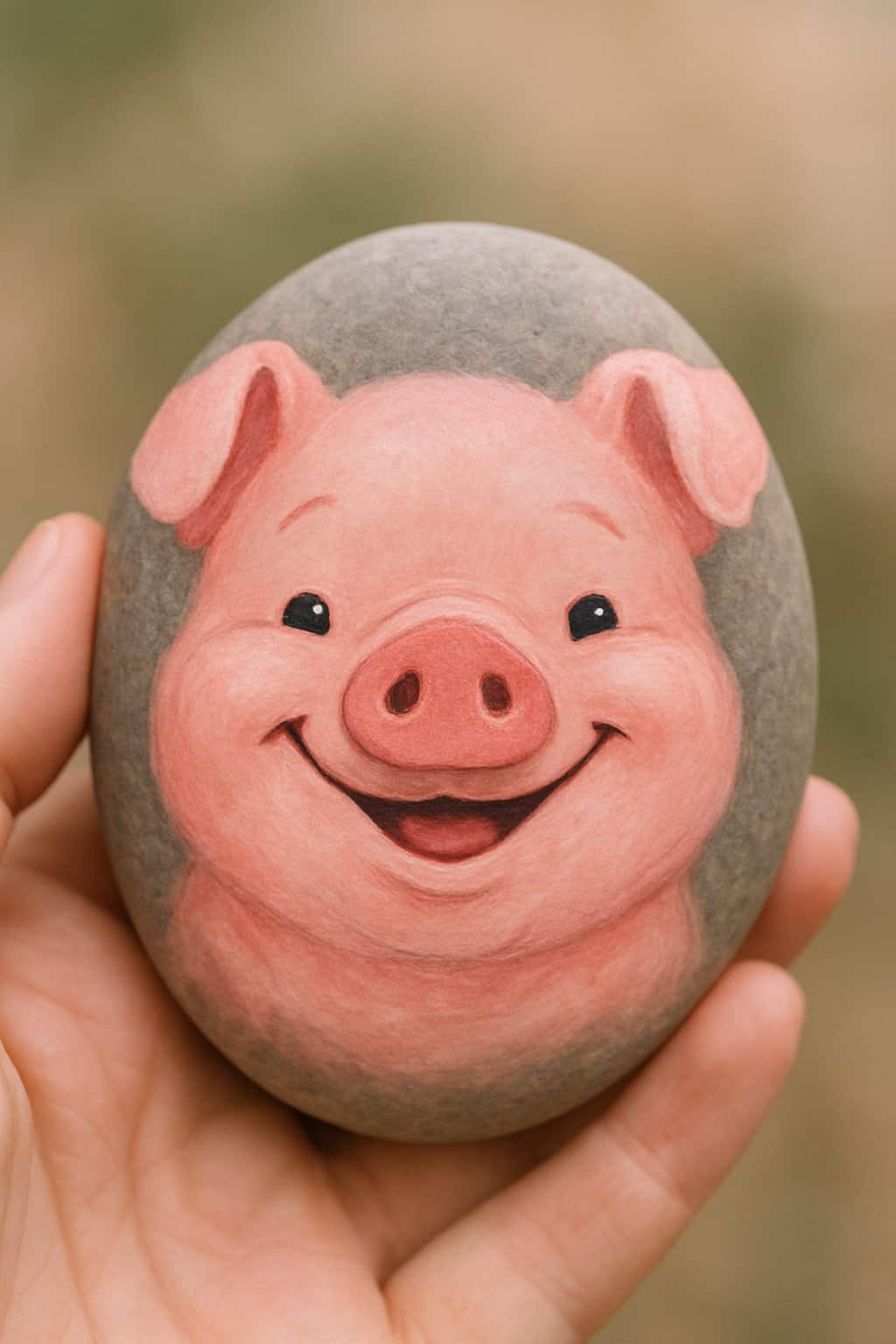 A hand holding a smooth river rock painted with a smiling pig face.
