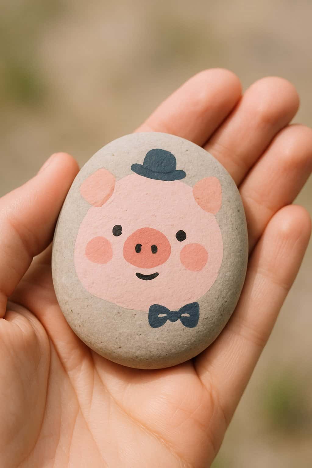 A hand holding a smooth river rock painted with a pig design and small accessories.